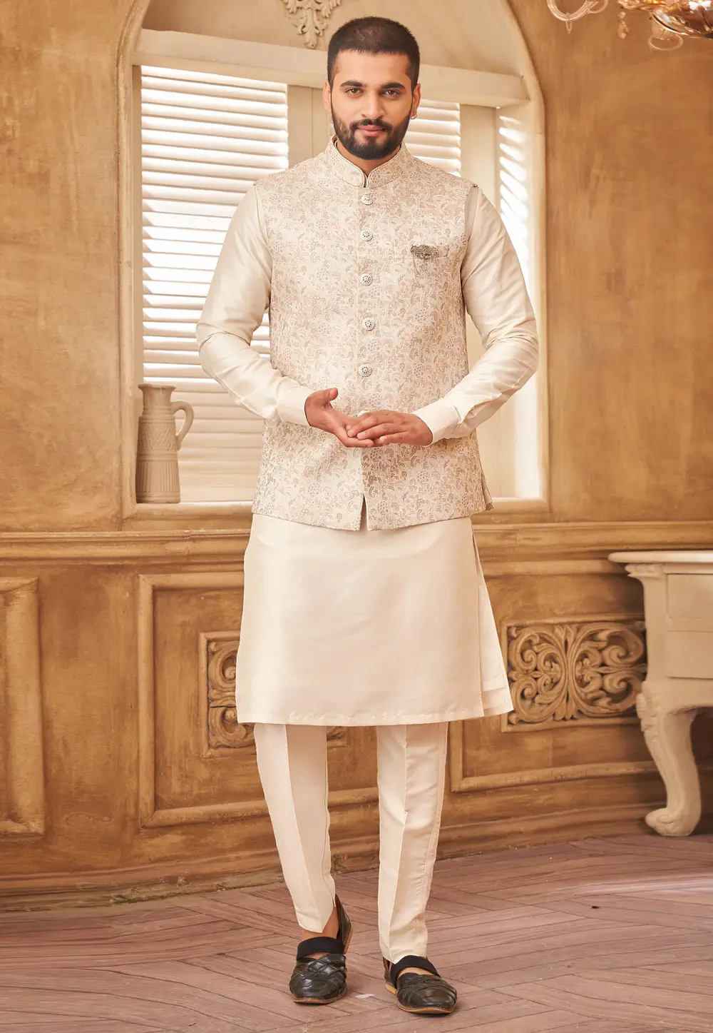 Beige Jacquard Silk Kurta Pajama With Jacket 296690