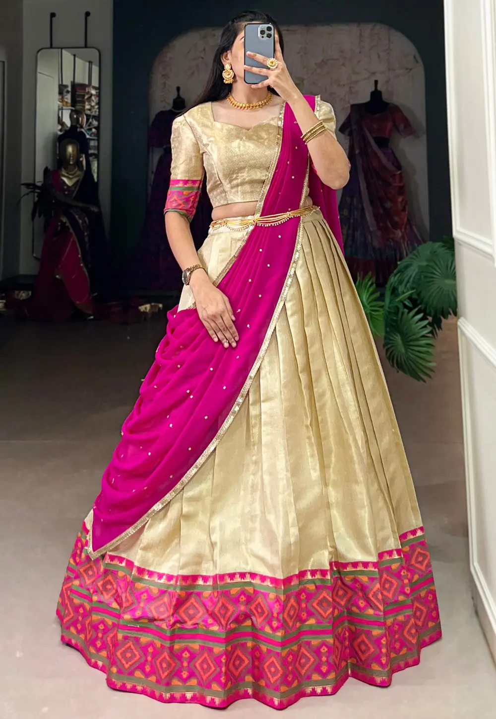 Beige Jacquard Silk Lehenga Choli 299524