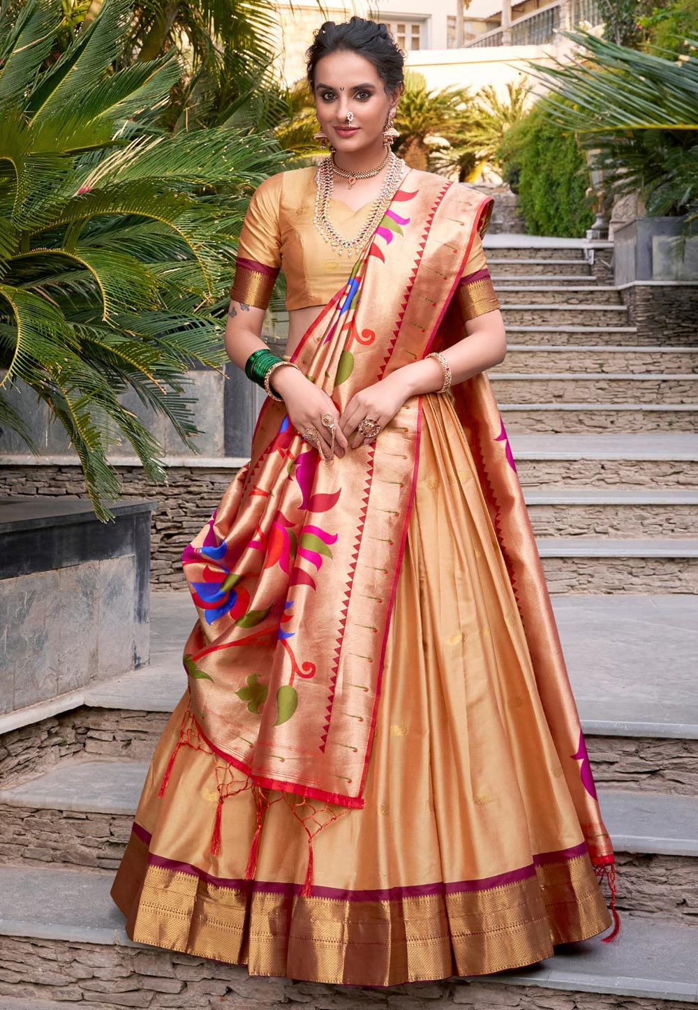 Beige Jacquard Silk Lehenga Choli 309717