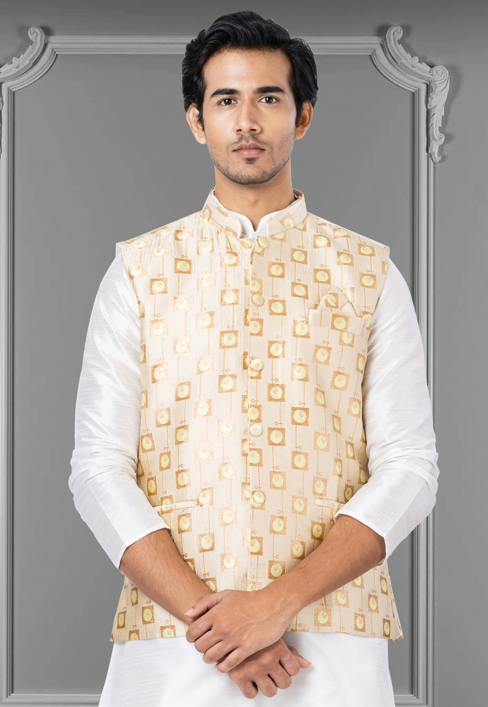 Beige Jacquard Silk Nehru Jacket 286944