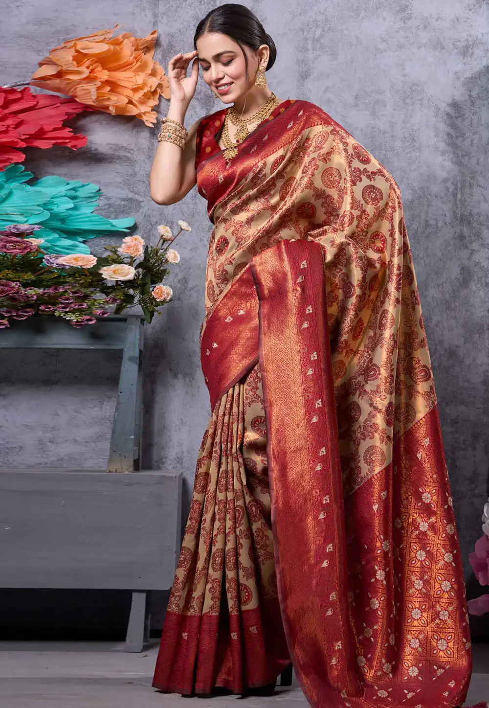 Beige Kanjivaram Silk Saree With Blouse 291252