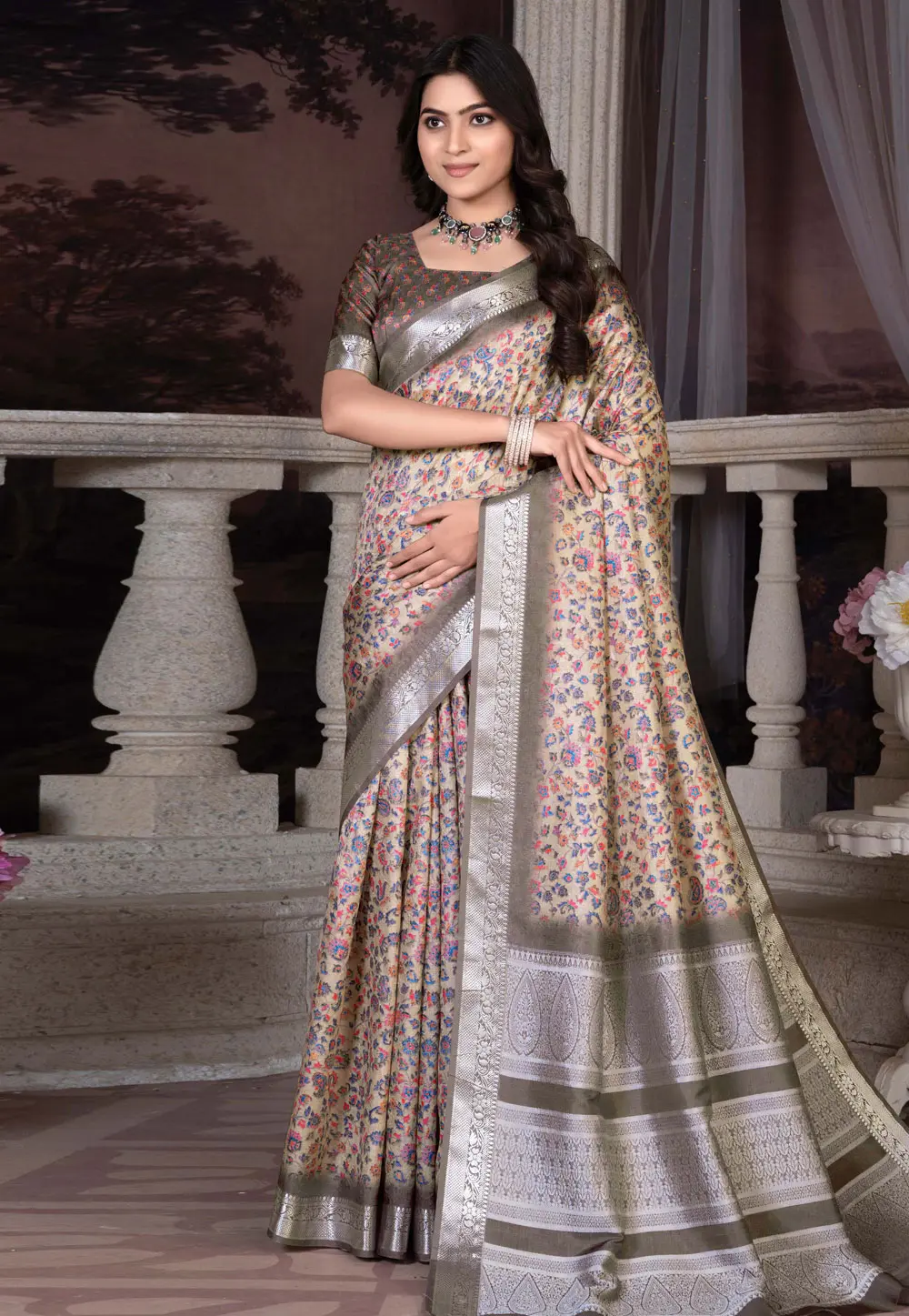 Beige Khadi Saree With Blouse 298851