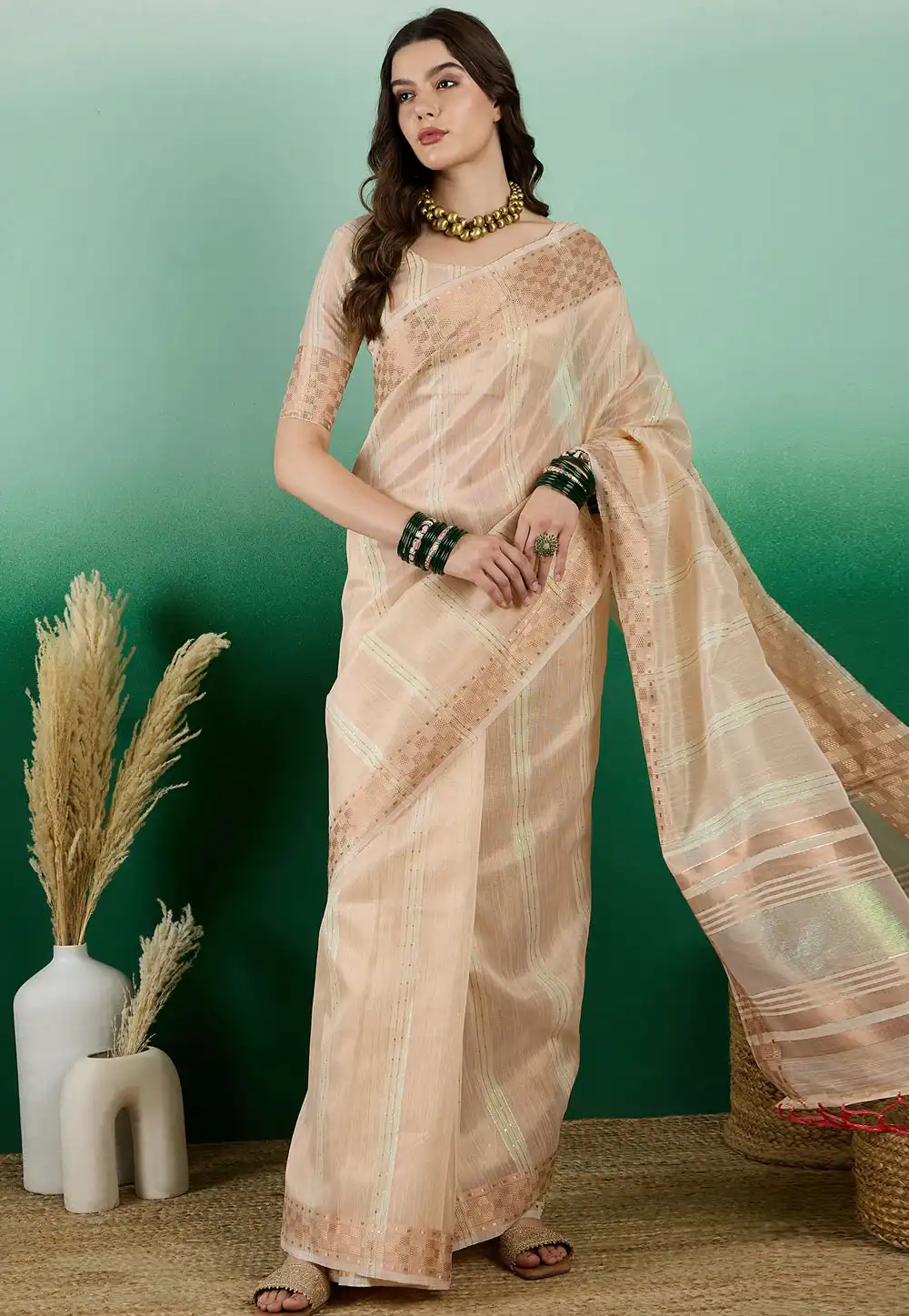 Beige Khadi Saree With Blouse 290218