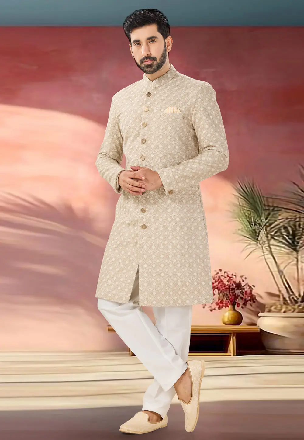 Beige Linen Indo Western Sherwani 301882