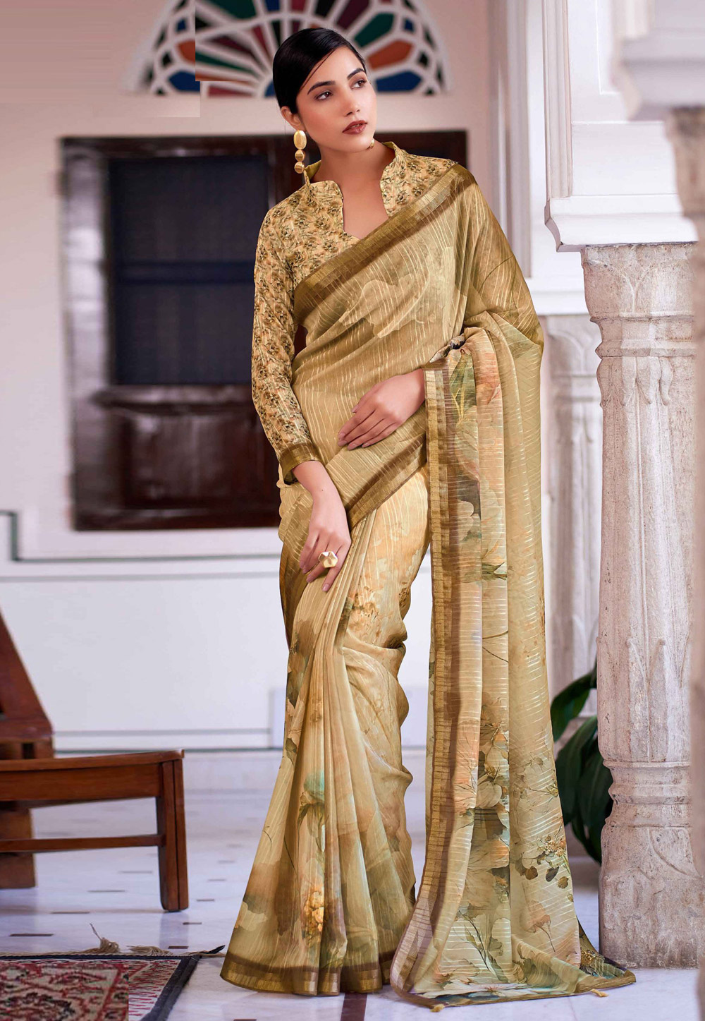 Beige Linen Saree With Blouse 279803