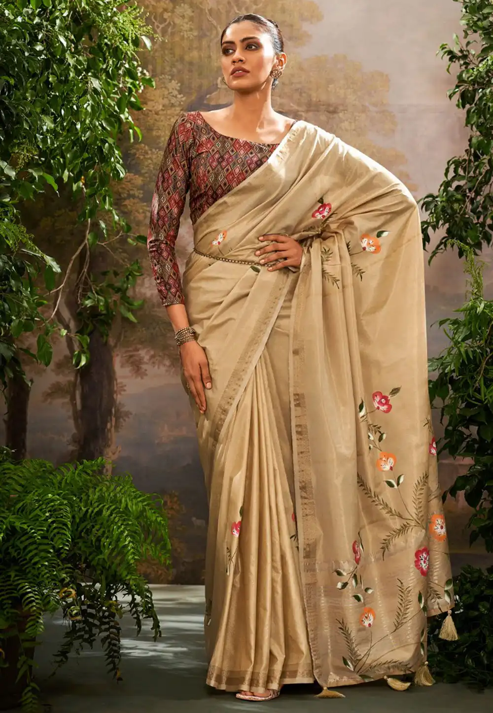 Beige Linen Saree With Blouse 295065