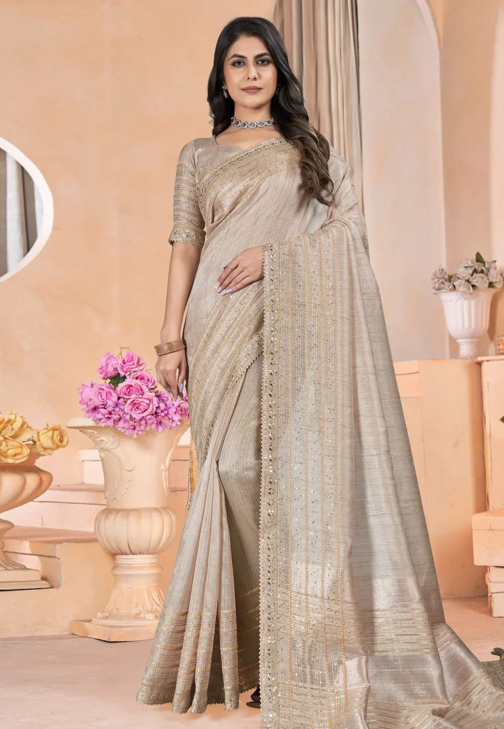 Beige Linen Saree With Blouse 301705