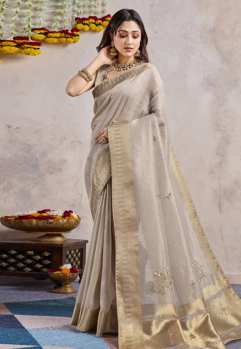 Beige Linen Saree With Blouse 303570