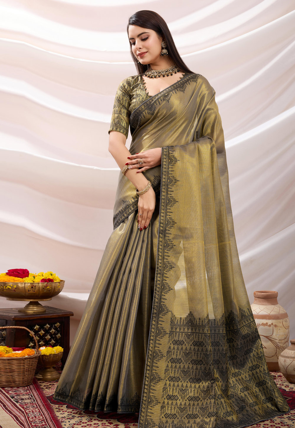 Beige Linen Saree With Blouse 305627