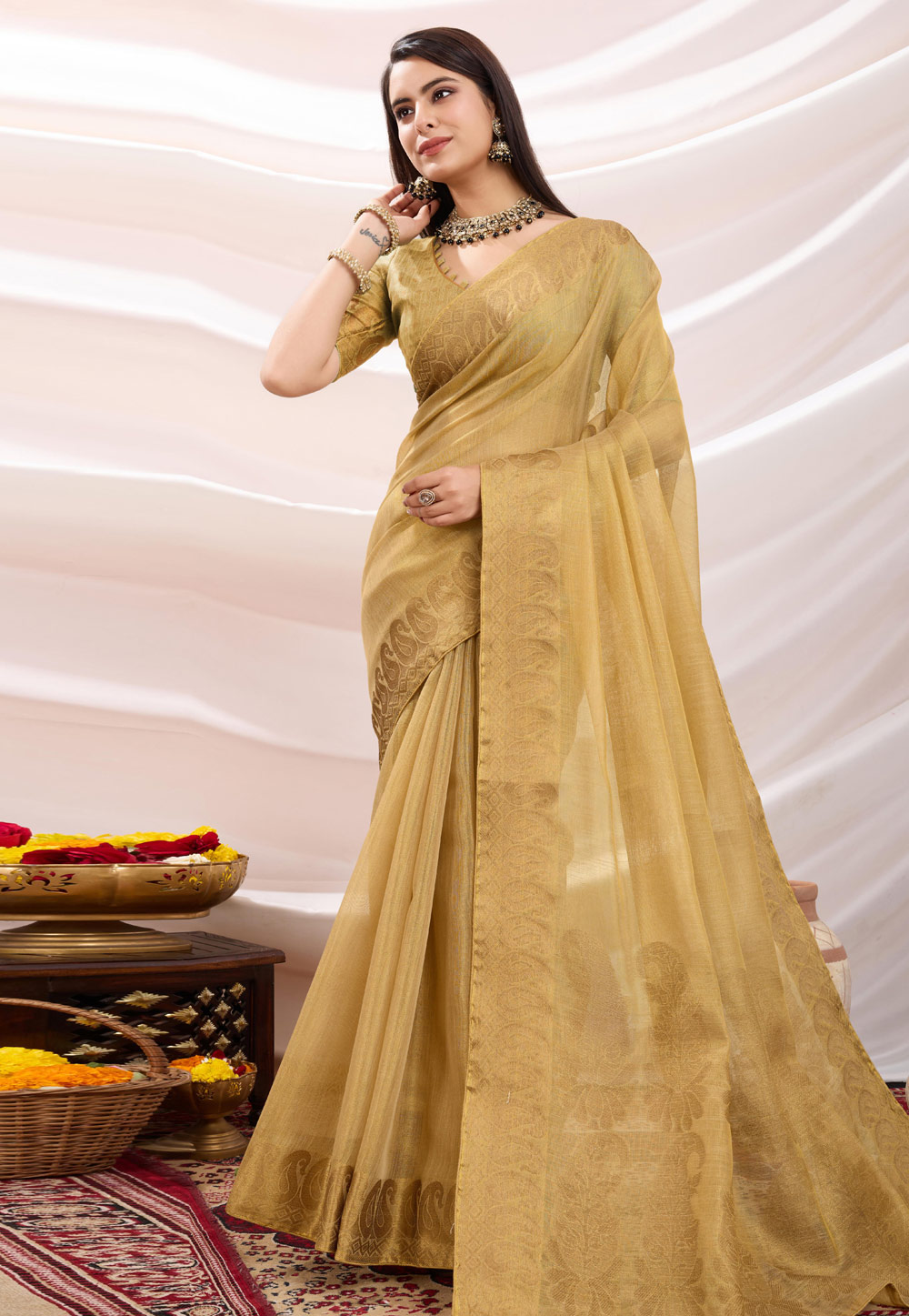 Beige Linen Saree With Blouse 305632