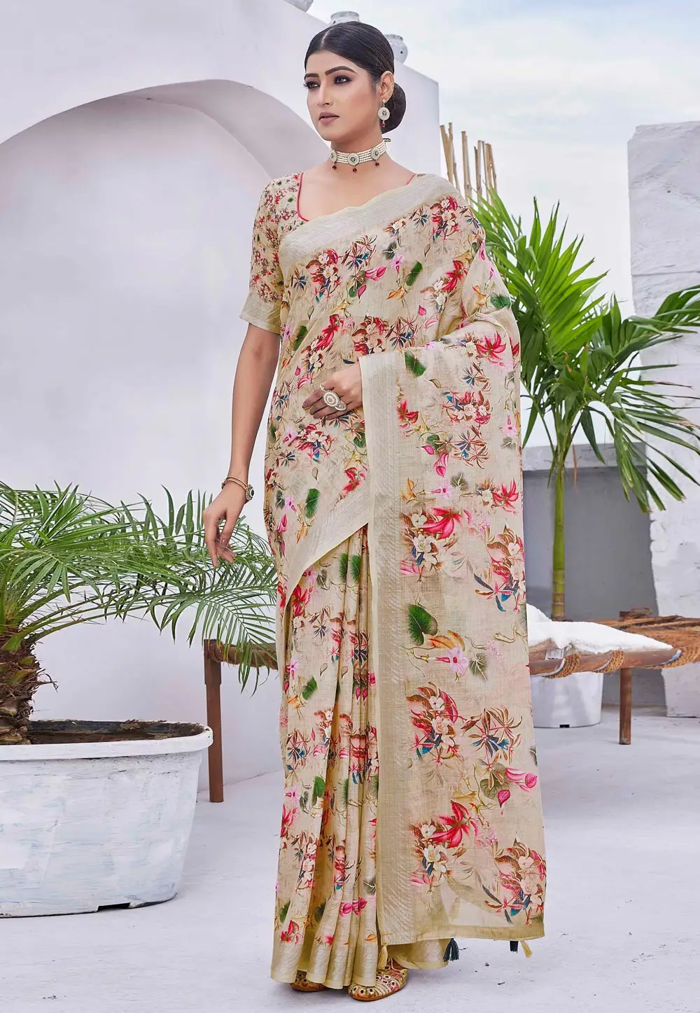 Beige Linen Saree With Blouse 296049