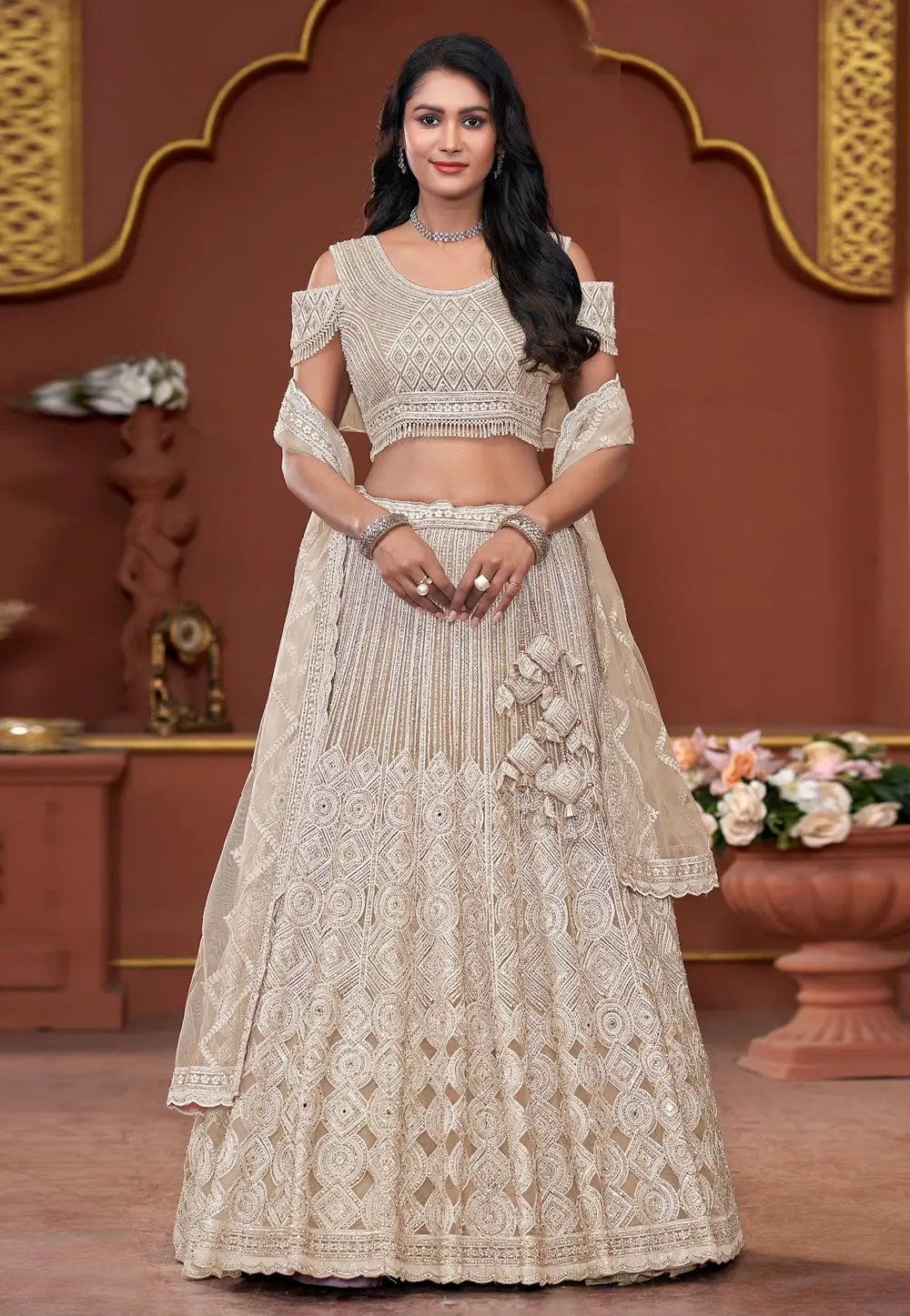 Beige Net A Line Lehenga Choli 303908