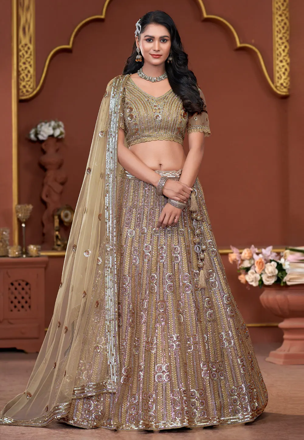 Beige Net A Line Lehenga Choli 303910