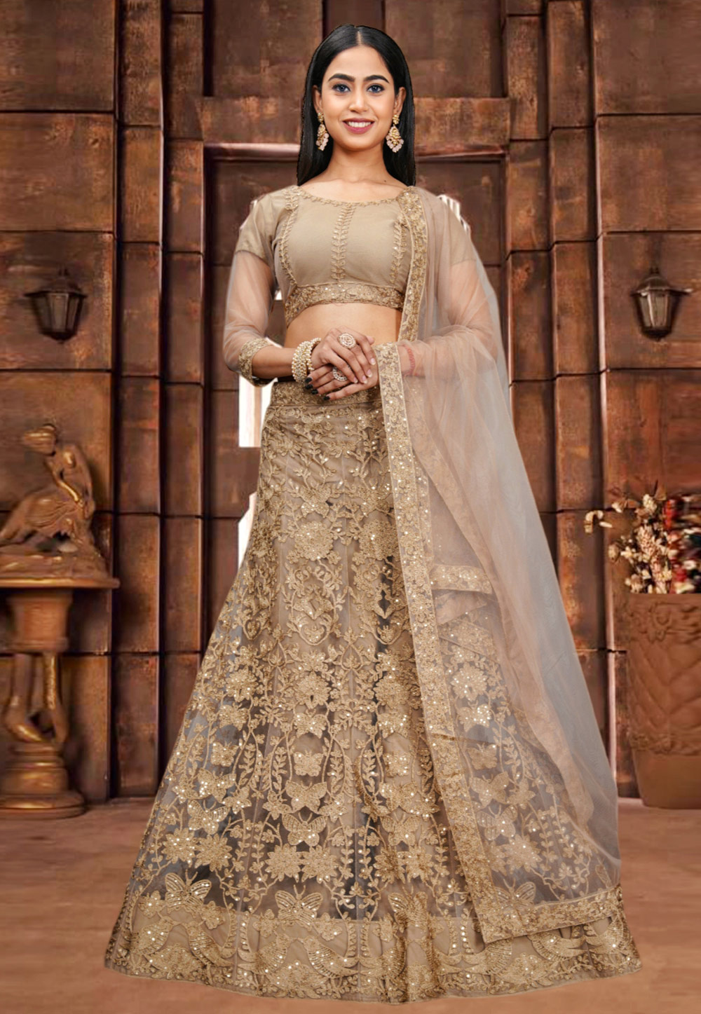 Beige Net A Line Lehenga Choli 287588