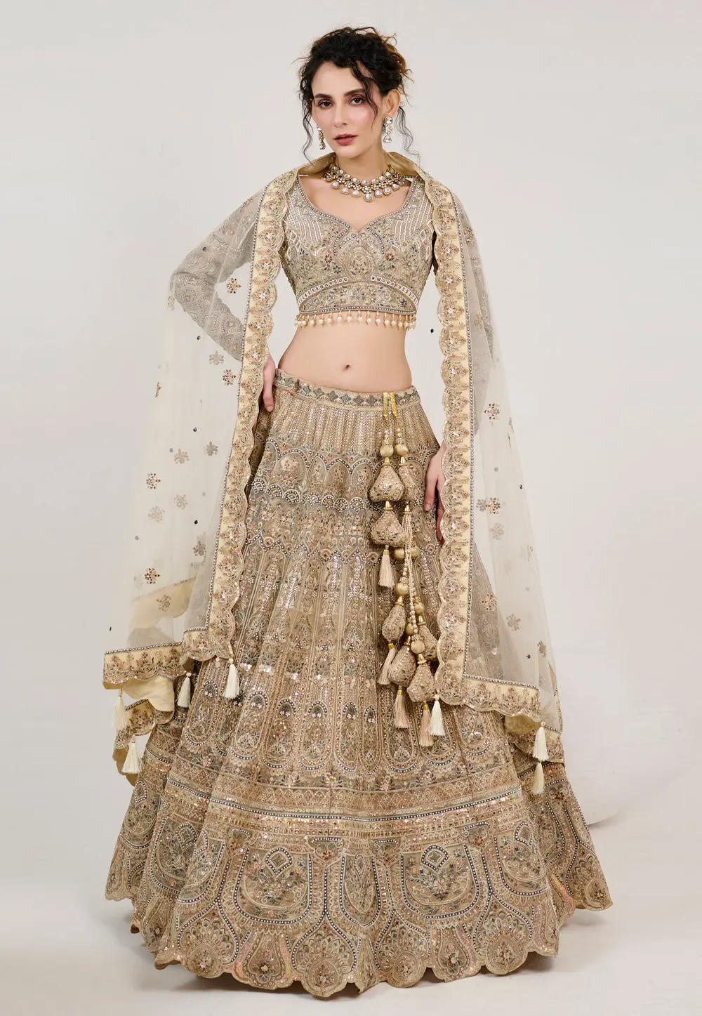 Beige Net Circular Lehenga Choli 298210