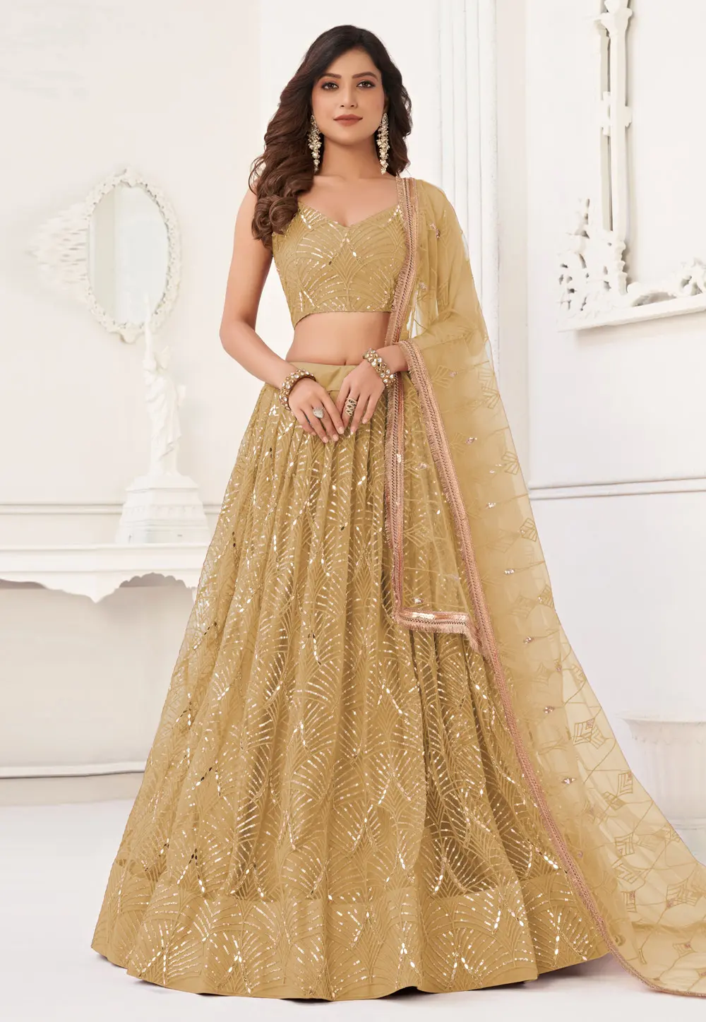 Beige Net Circular Lehenga Choli 299765