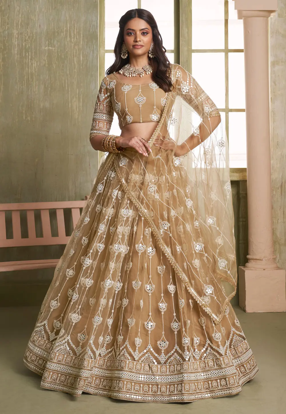 Beige Net Circular Lehenga Choli 303253