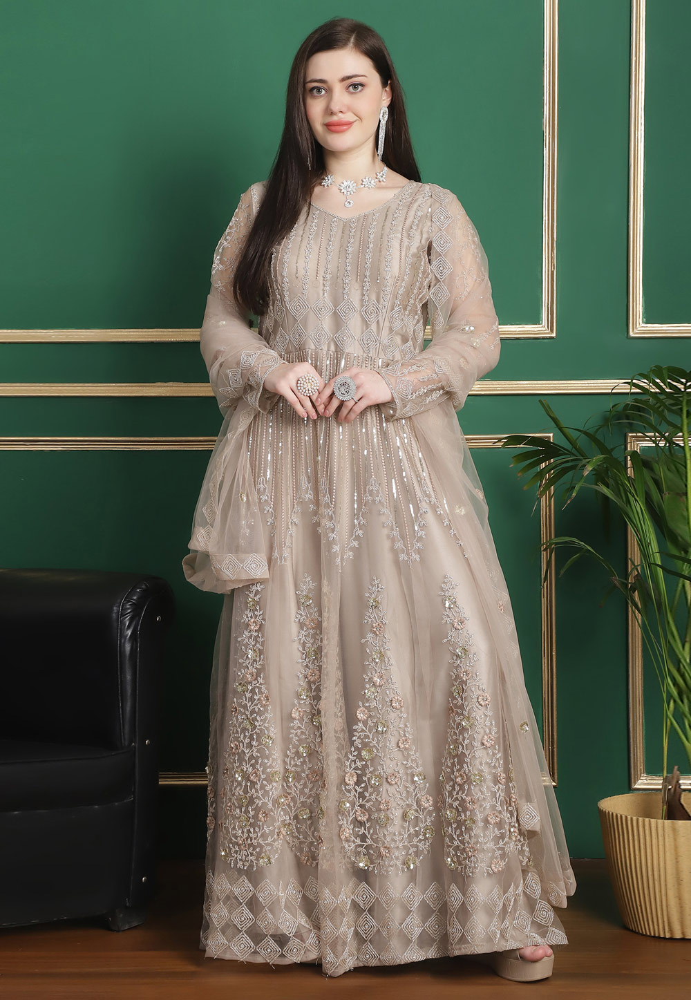 Beige Net Embroidered Anarkali Suit 309904