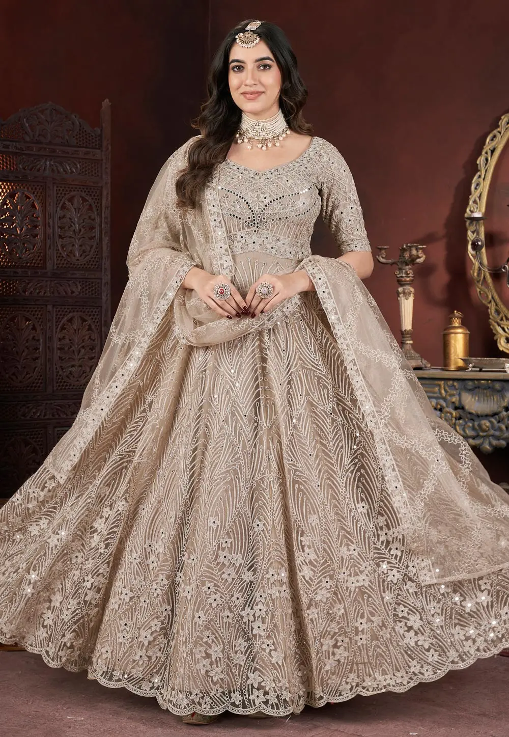 Beige Net Embroidered Readymade Long Anarkali Suit 299540