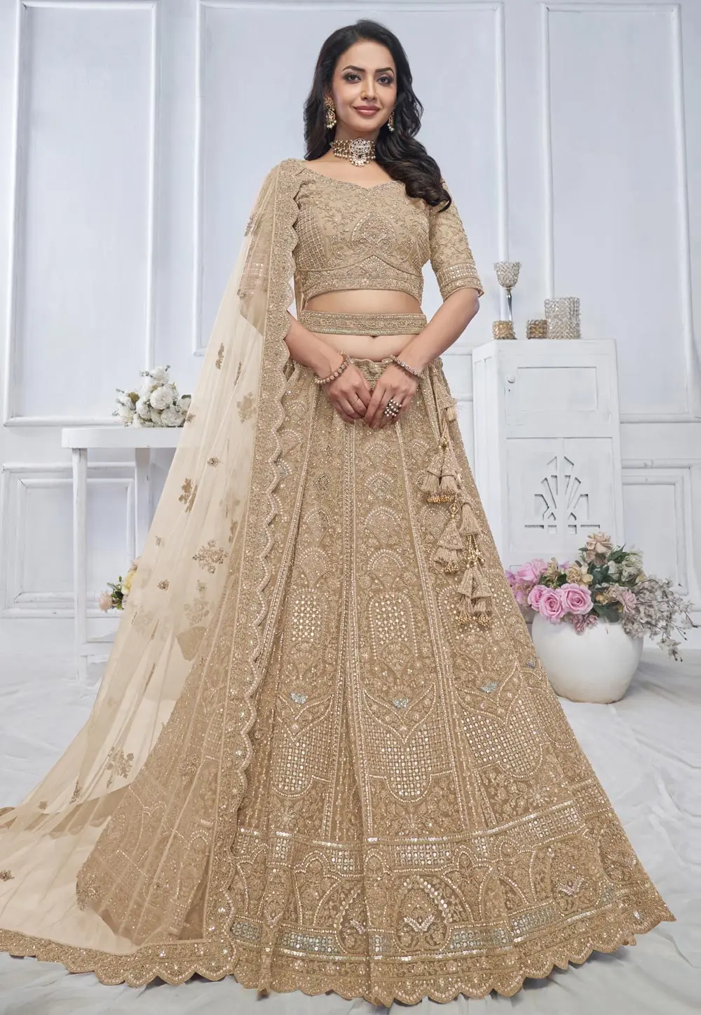 Beige Net Lehenga Choli For Wedding 297979