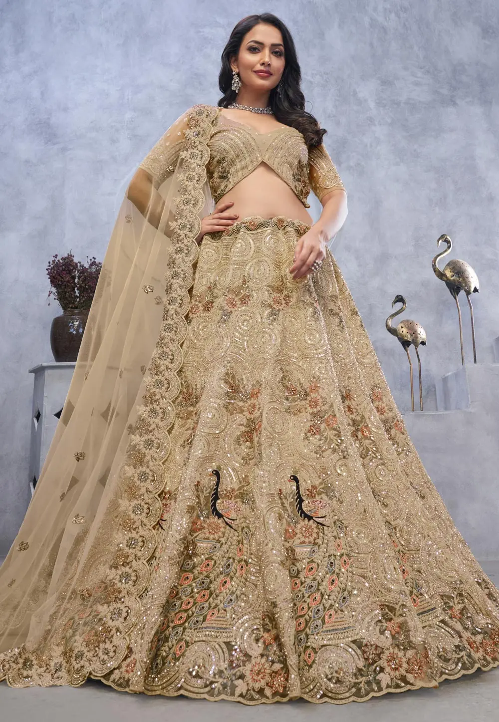 Beige Net Lehenga Choli For Wedding 297987