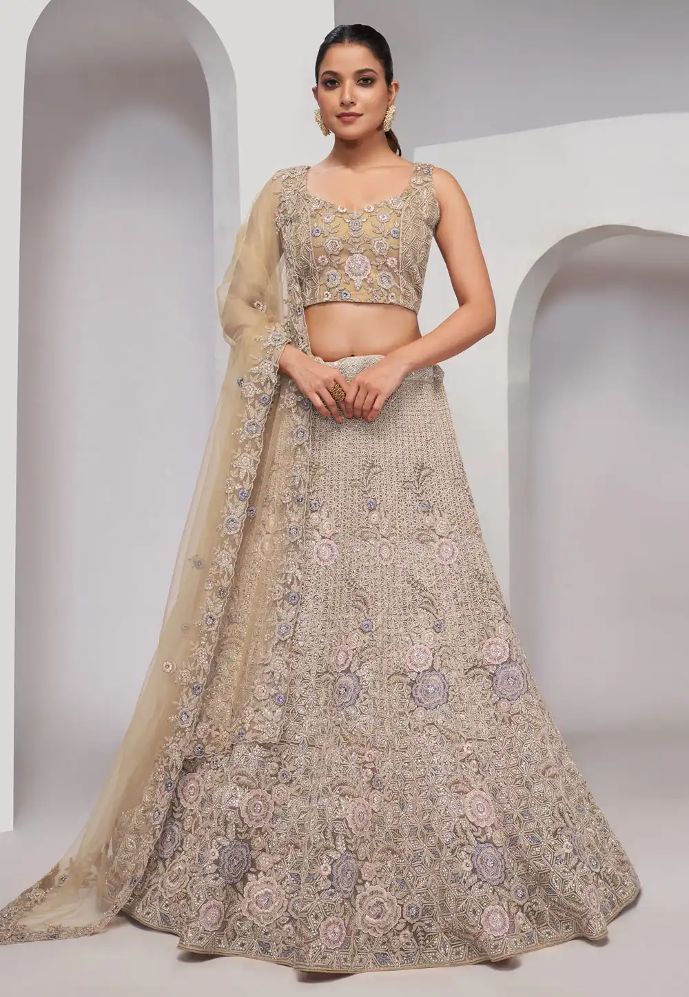 Beige Net Lehenga Choli 288611