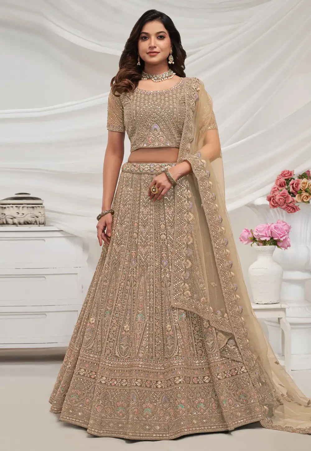 Beige Net Lehenga Choli 288619