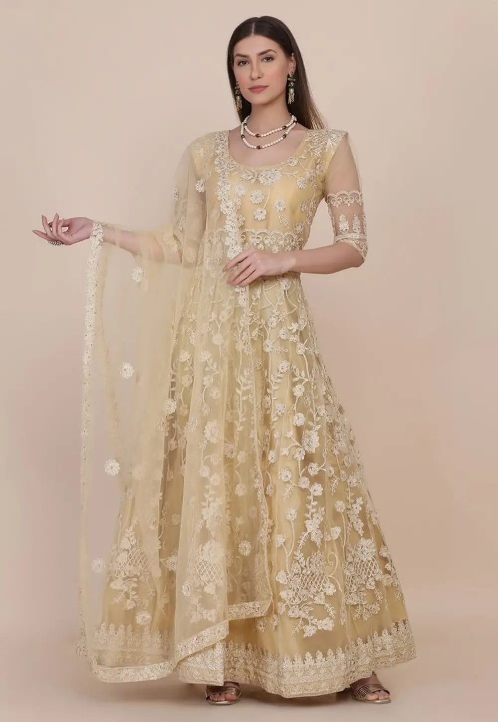 Beige Net Long Anarkali Suit 301137