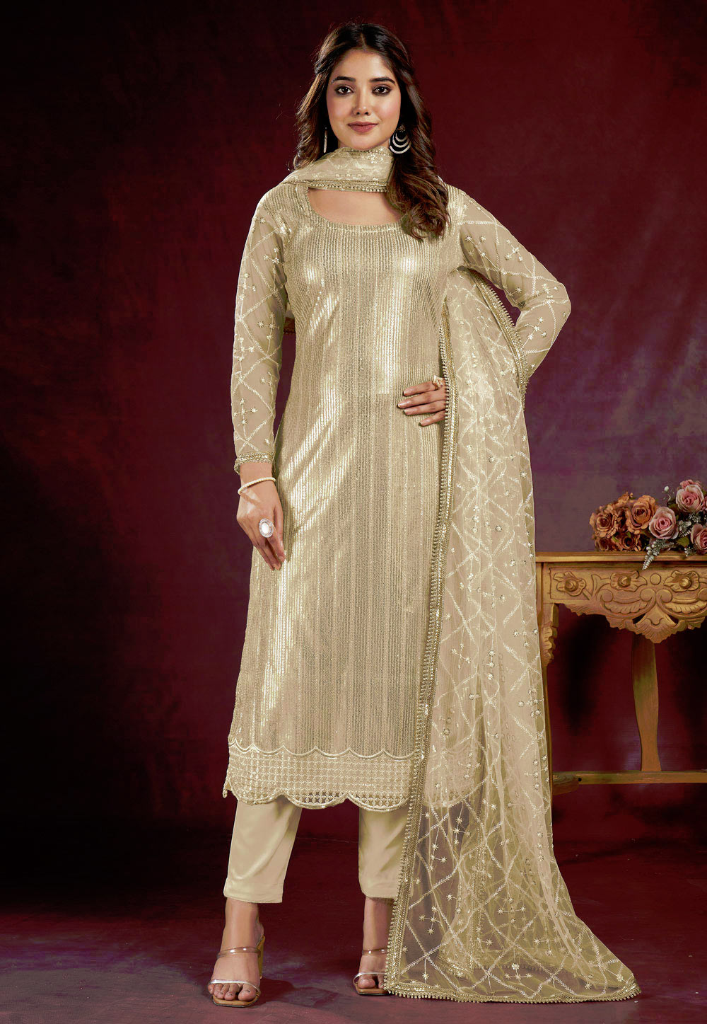Beige Net Pakistani Suit 281306