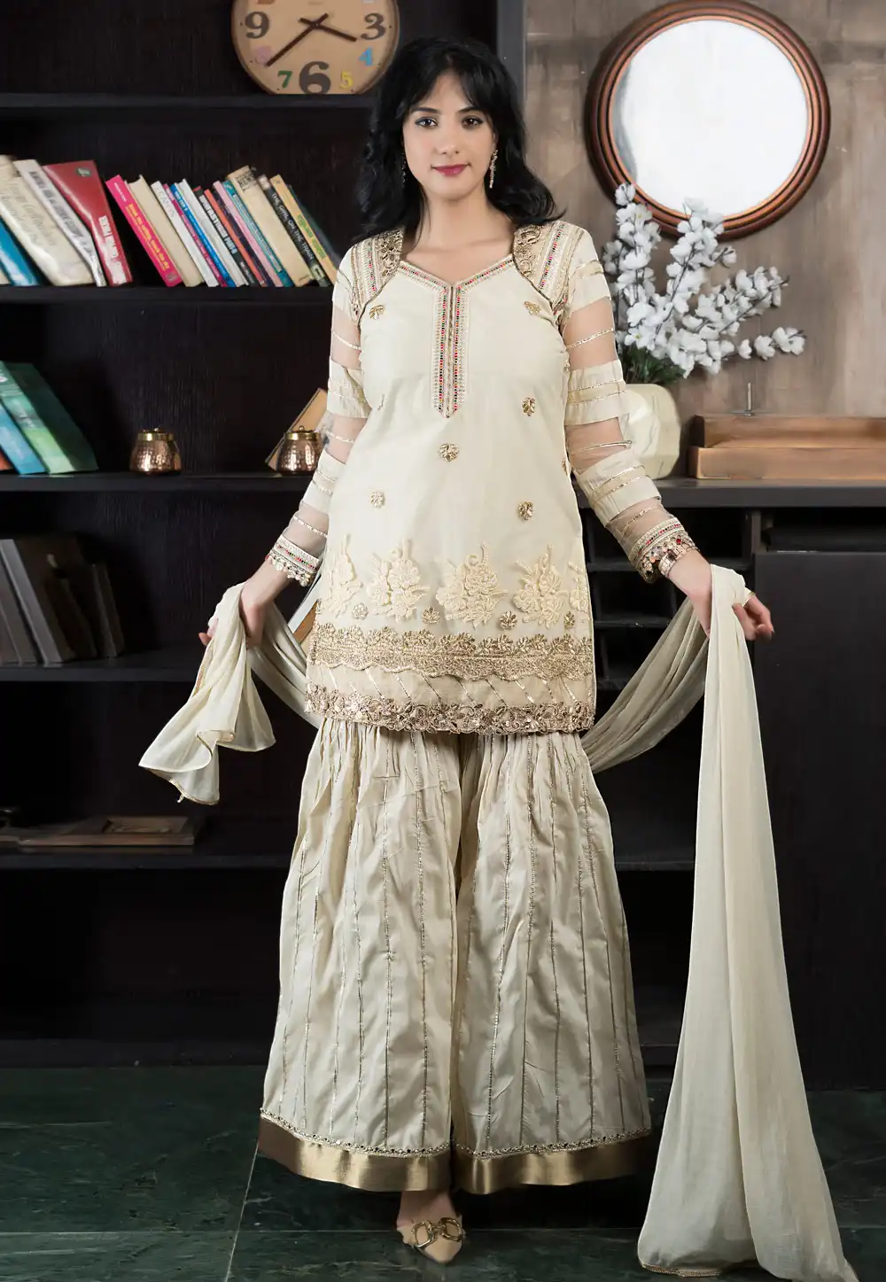 Beige Net Readymade Gharara Suit 293109