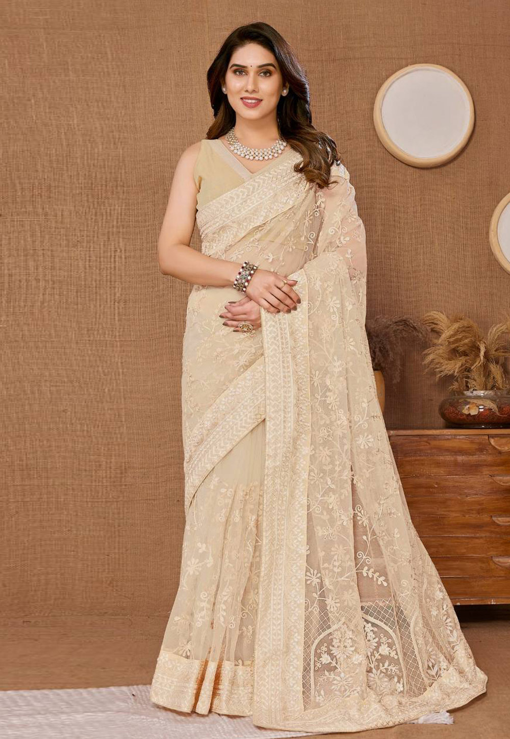 Beige Net Saree With Blouse 285206