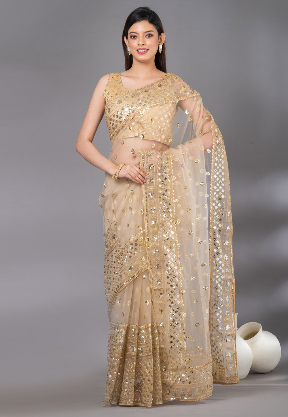 Beige Net Saree With Blouse 279023