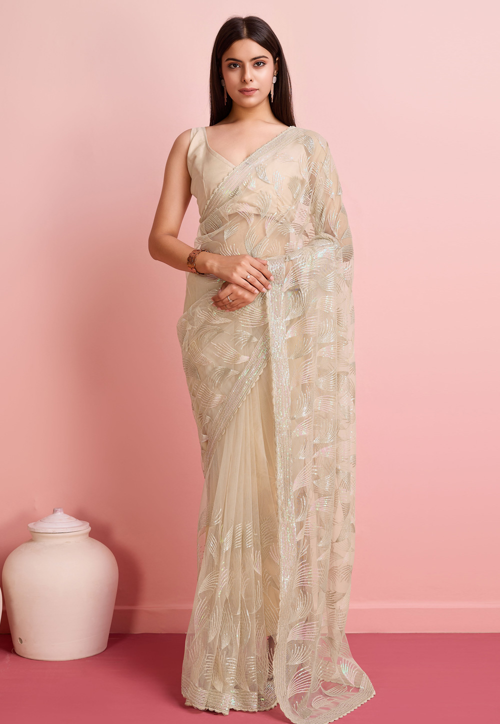 Beige Net Saree With Blouse 286989