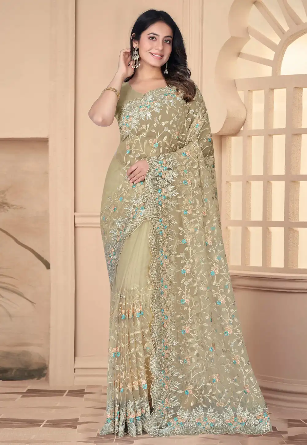 Beige Net Saree With Blouse 288261