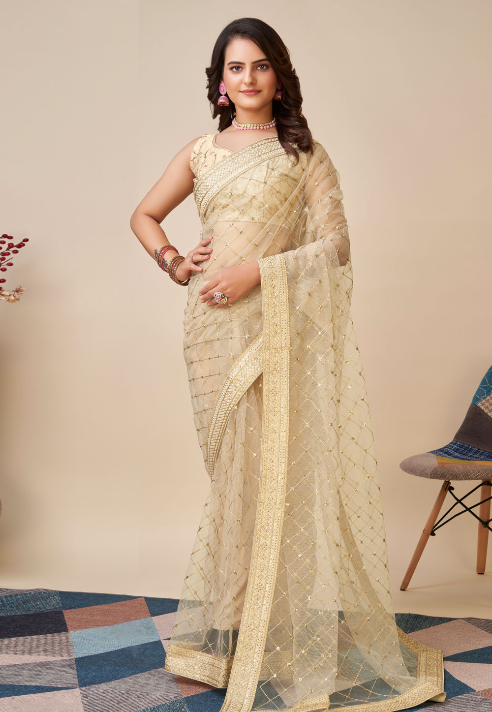 Beige Net Saree With Blouse 287537