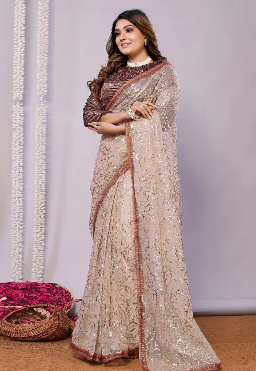 Beige Net Saree With Blouse 300589