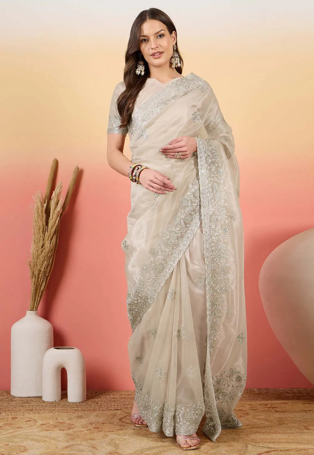 Beige Net Saree With Blouse 304680