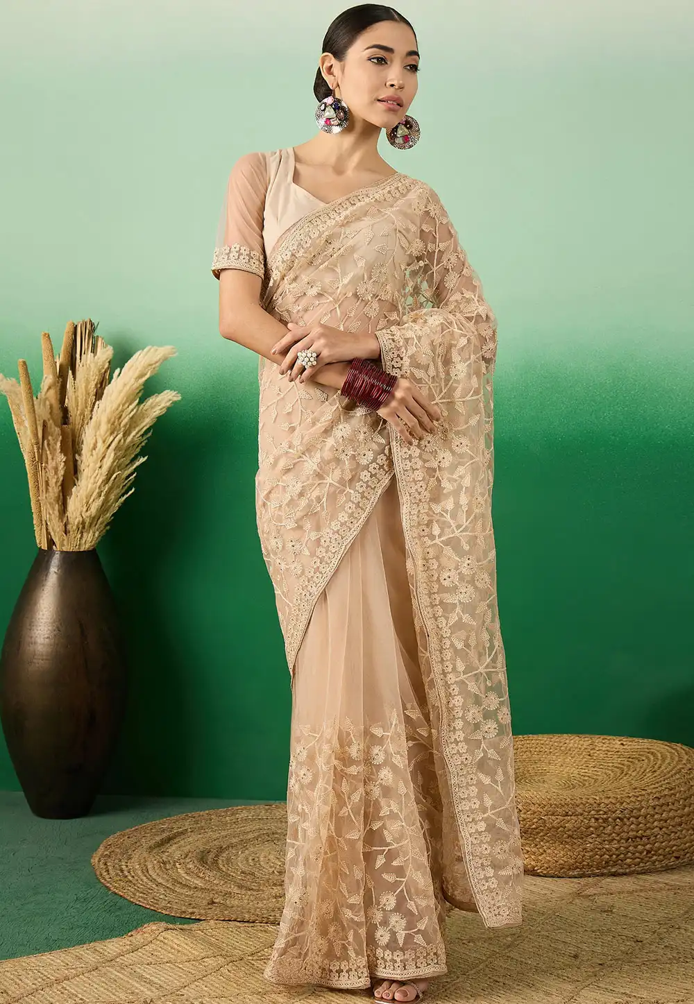 Beige Net Saree With Blouse 289757