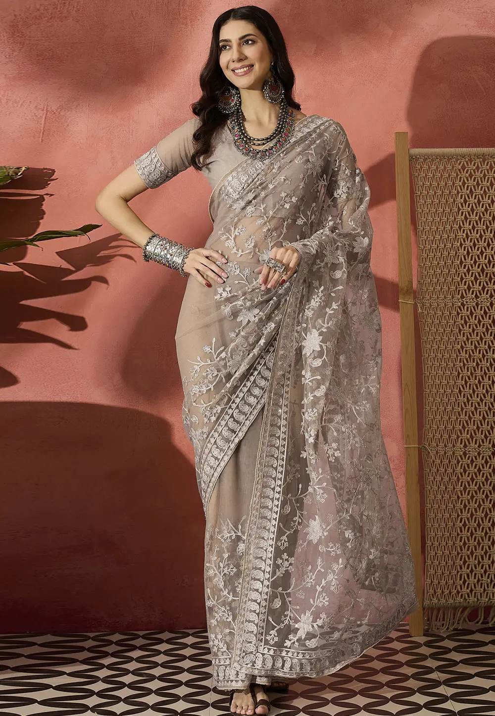 Beige Net Saree With Blouse 304675