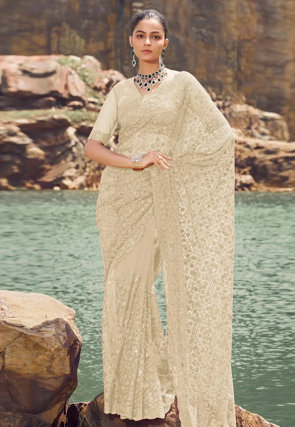 Beige Net Sequence Saree 301938