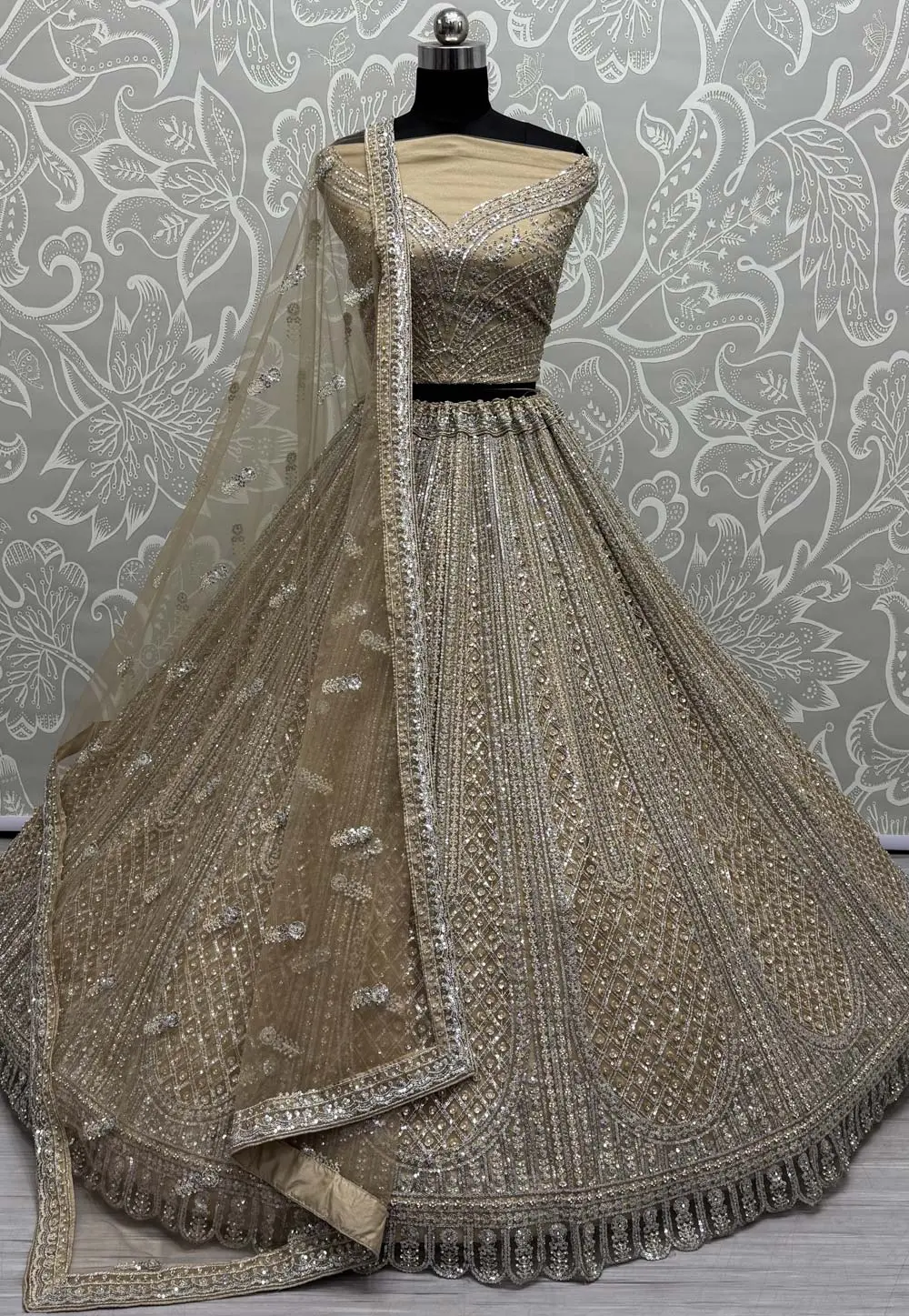 Beige Net Wedding Lehenga Choli 303959