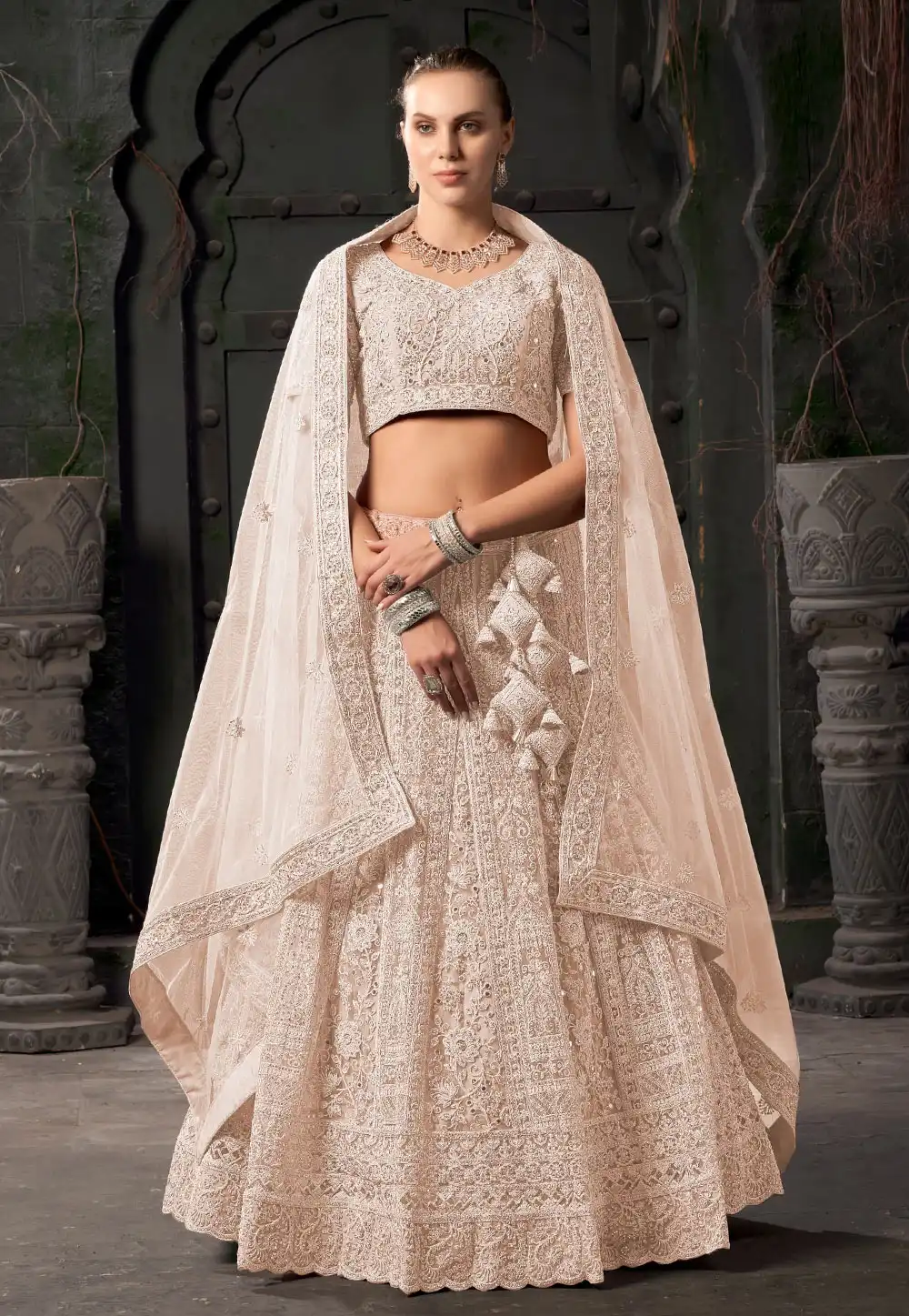 Beige Net Wedding Lehenga Choli 293878