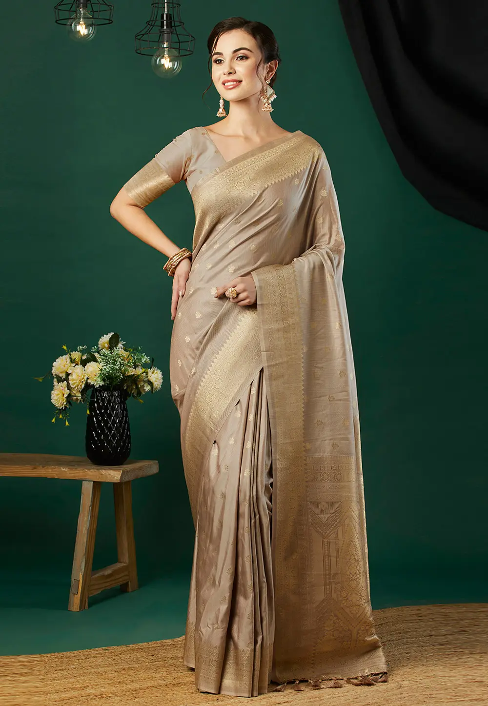 Beige Nylon Saree With Blouse 301569