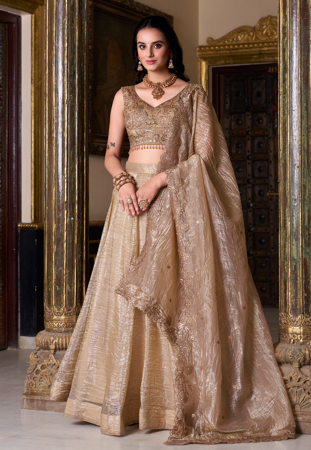 Beige Organza Circular Lehenga Choli 310510