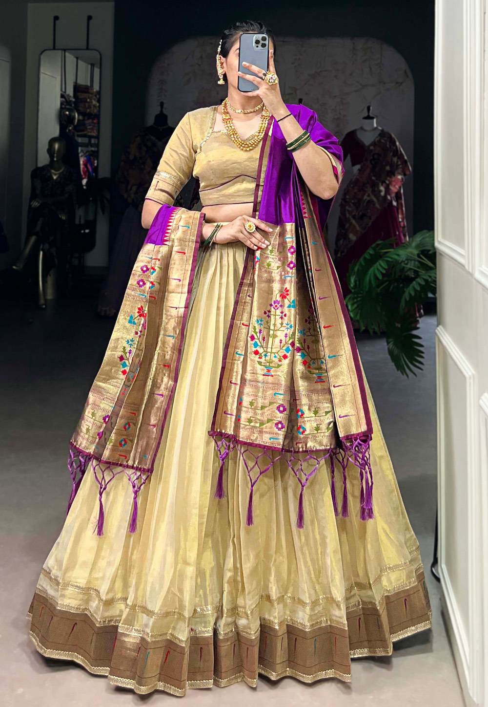 Beige Organza Circular Lehenga Choli 310500
