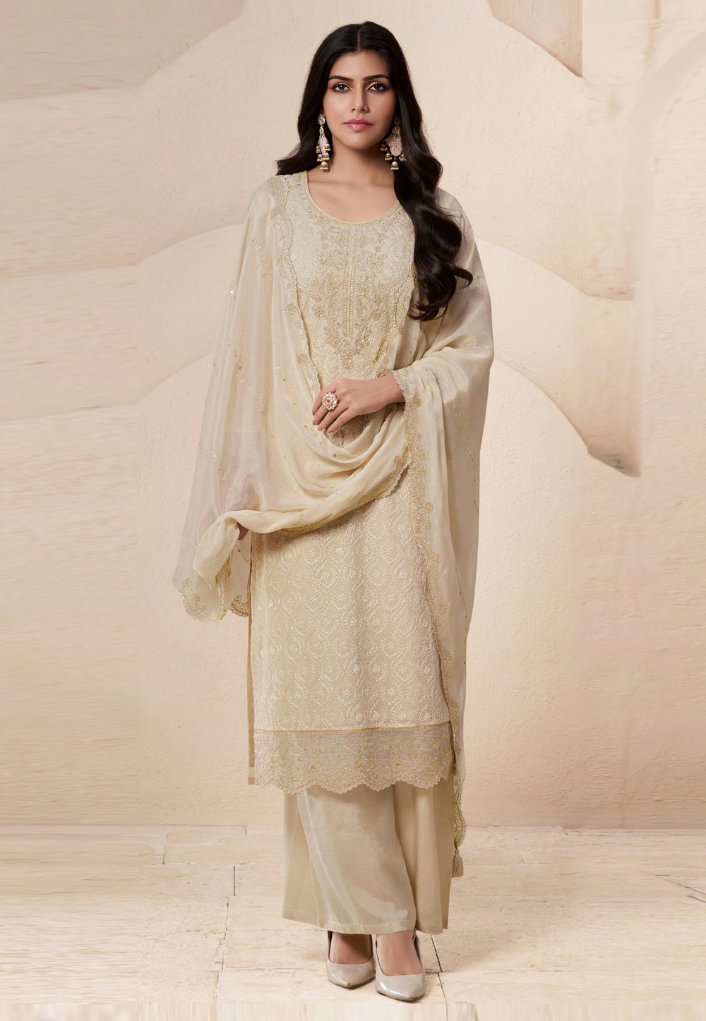 Beige Organza Embroidered Pakistani Suit 310630