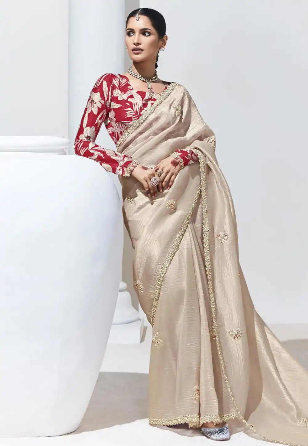 Beige Organza Saree With Blouse 291604