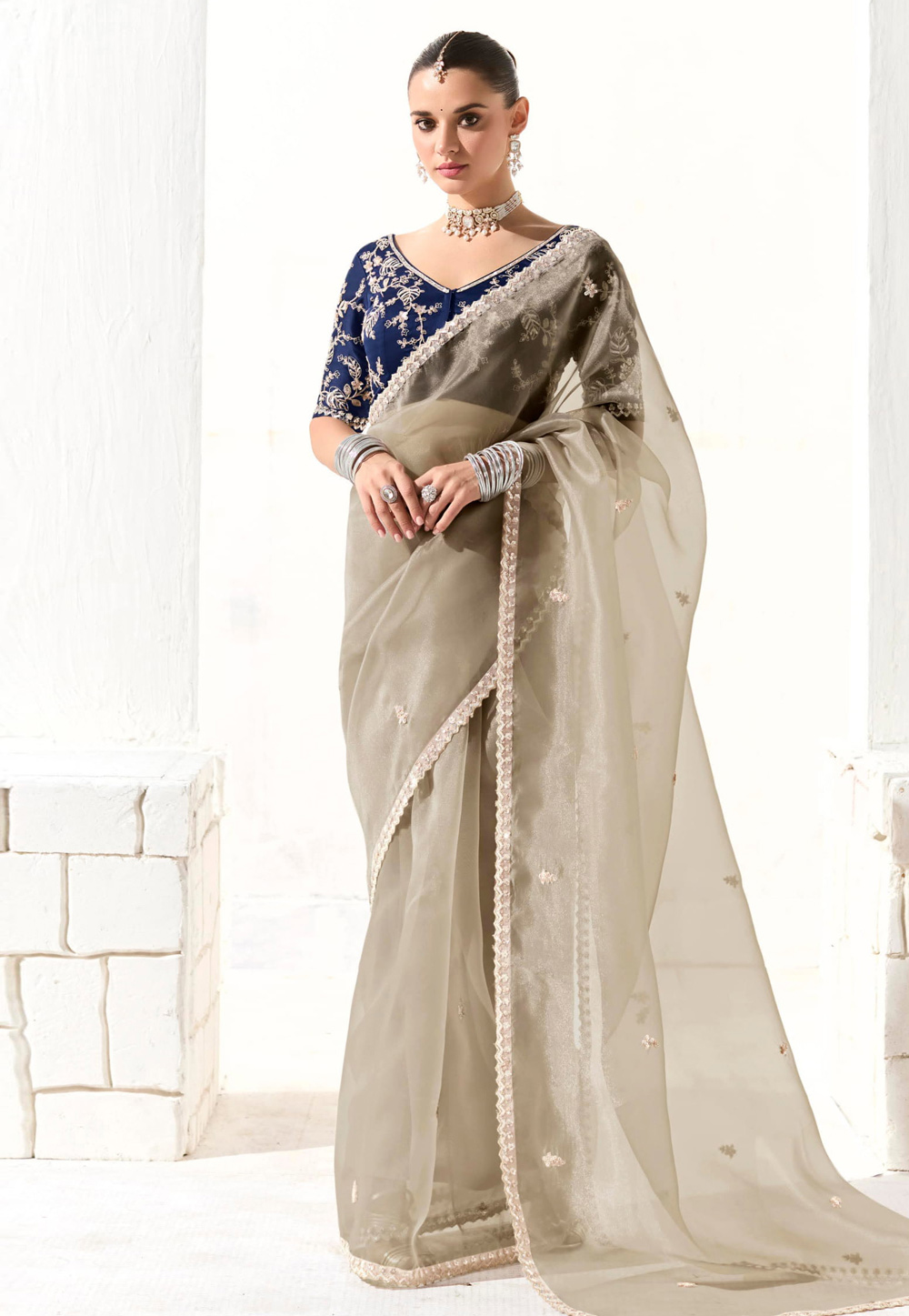 Beige Organza Saree With Blouse 309439