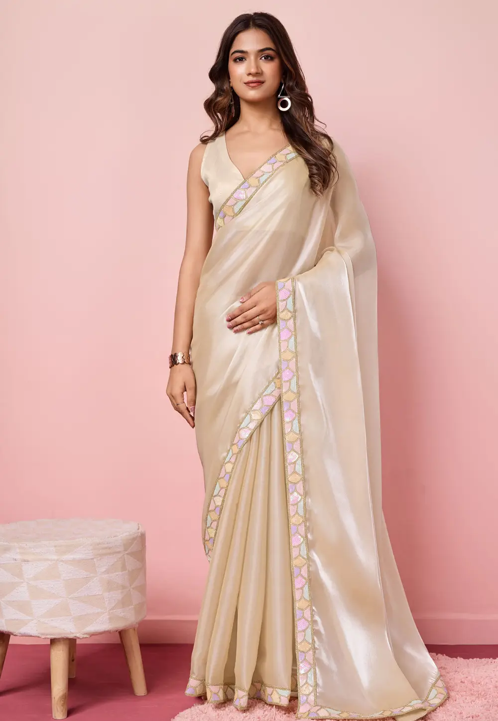 Beige Organza Saree With Blouse 296805