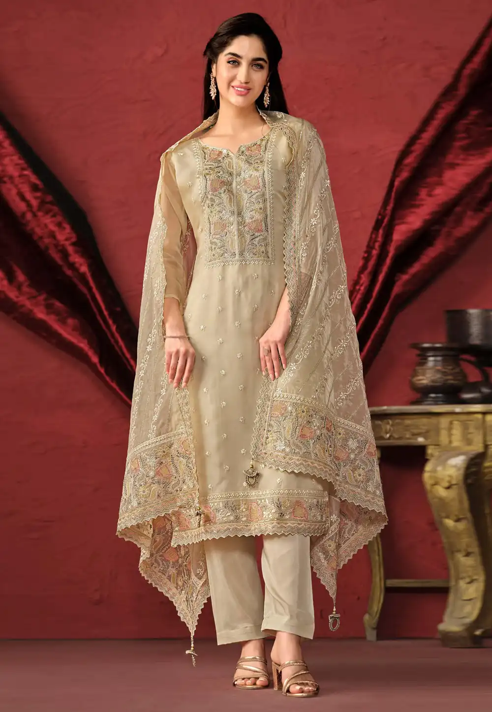 Beige Organza Straight Suit 290964